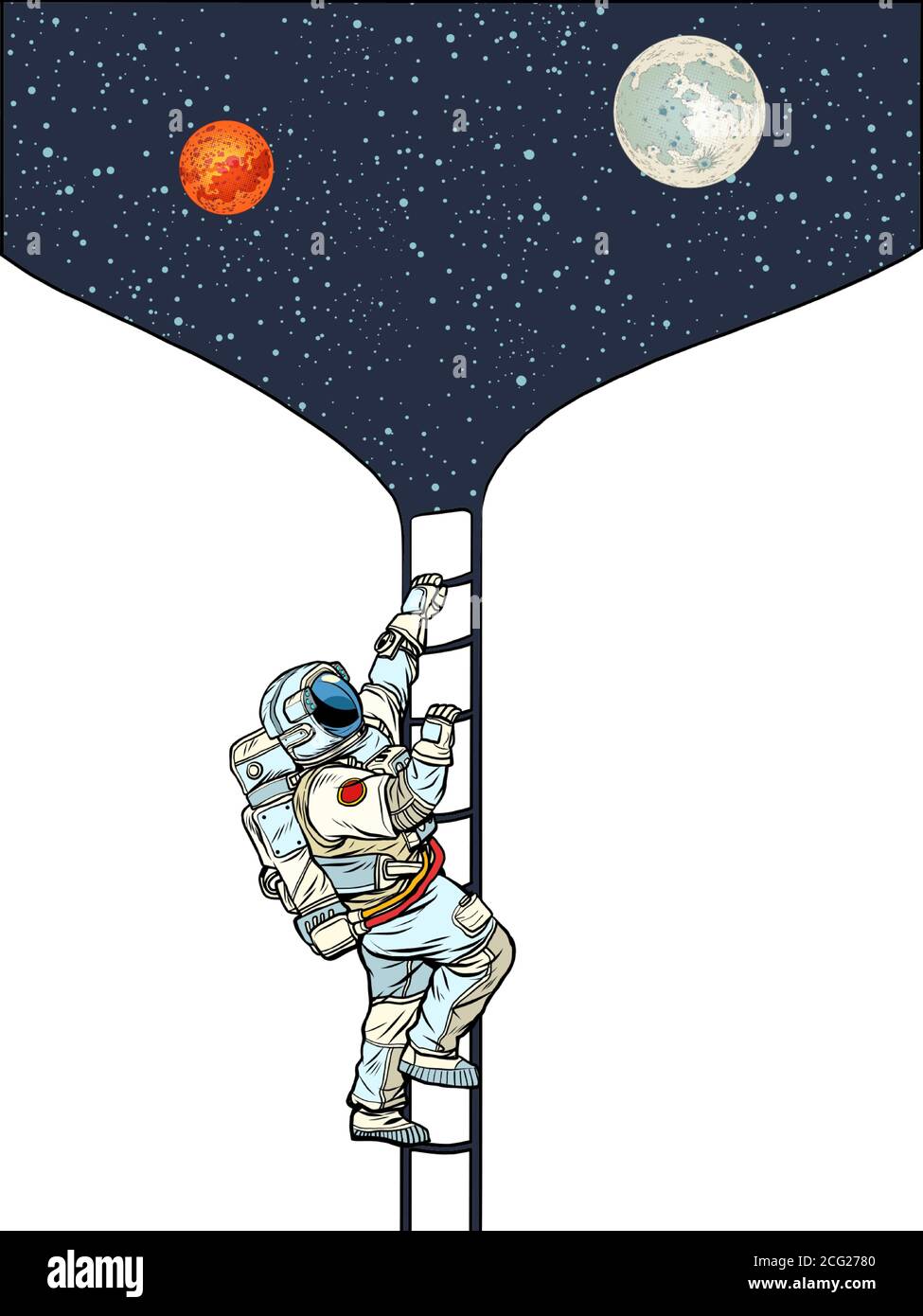 L'astronaute monte les escaliers vers la lune et Mars Illustration de Vecteur