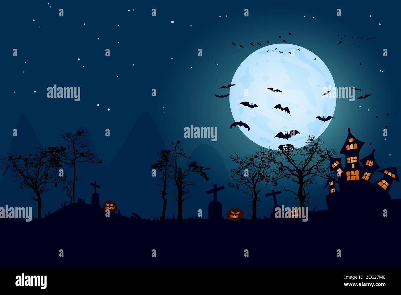 Paysage d'horreur d'Halloween avec pleine lune. Maison hantée, citrouilles, croix de cimetière et chauves-souris. Pour la fête d'Halloween bannière avec espace de copie. Vecteur de brut Illustration de Vecteur