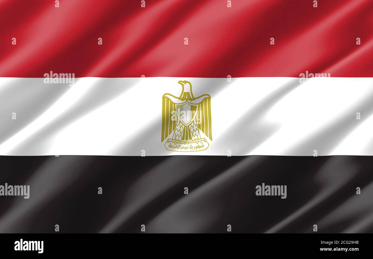 Motif drapeau ondulé en soie de l'Égypte. Illustration de drapeau égyptien ondulé. Le drapeau de l'Égypte, qui a été rippé, est un symbole de liberté, de patriotisme et d'indépendance. Banque D'Images