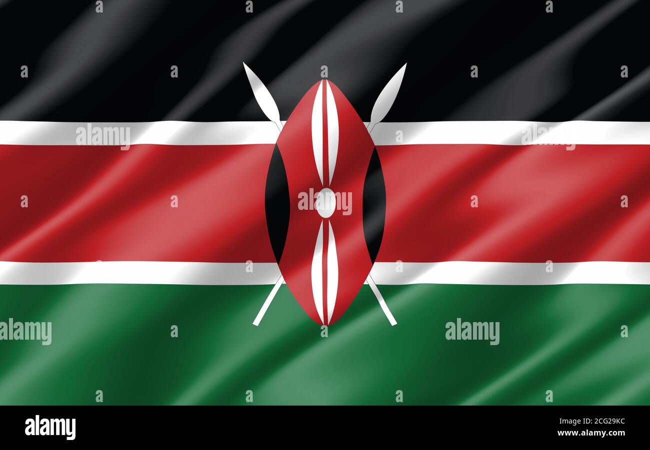 Motif drapeau ondulé en soie du Kenya. Illustration du drapeau kenyan agité. Le drapeau du Kenya est un symbole de liberté, de patriotisme et d'indépendance. Banque D'Images