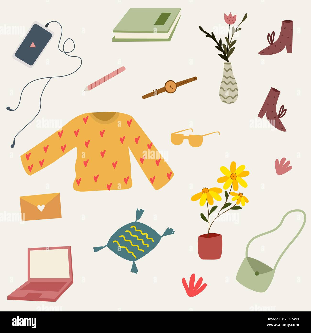 Daily Stuff College icône de l'étudiant ensemble smartphone livre chaussures sac stylo pour ordinateur portable avec dessin animé plat Illustration de Vecteur