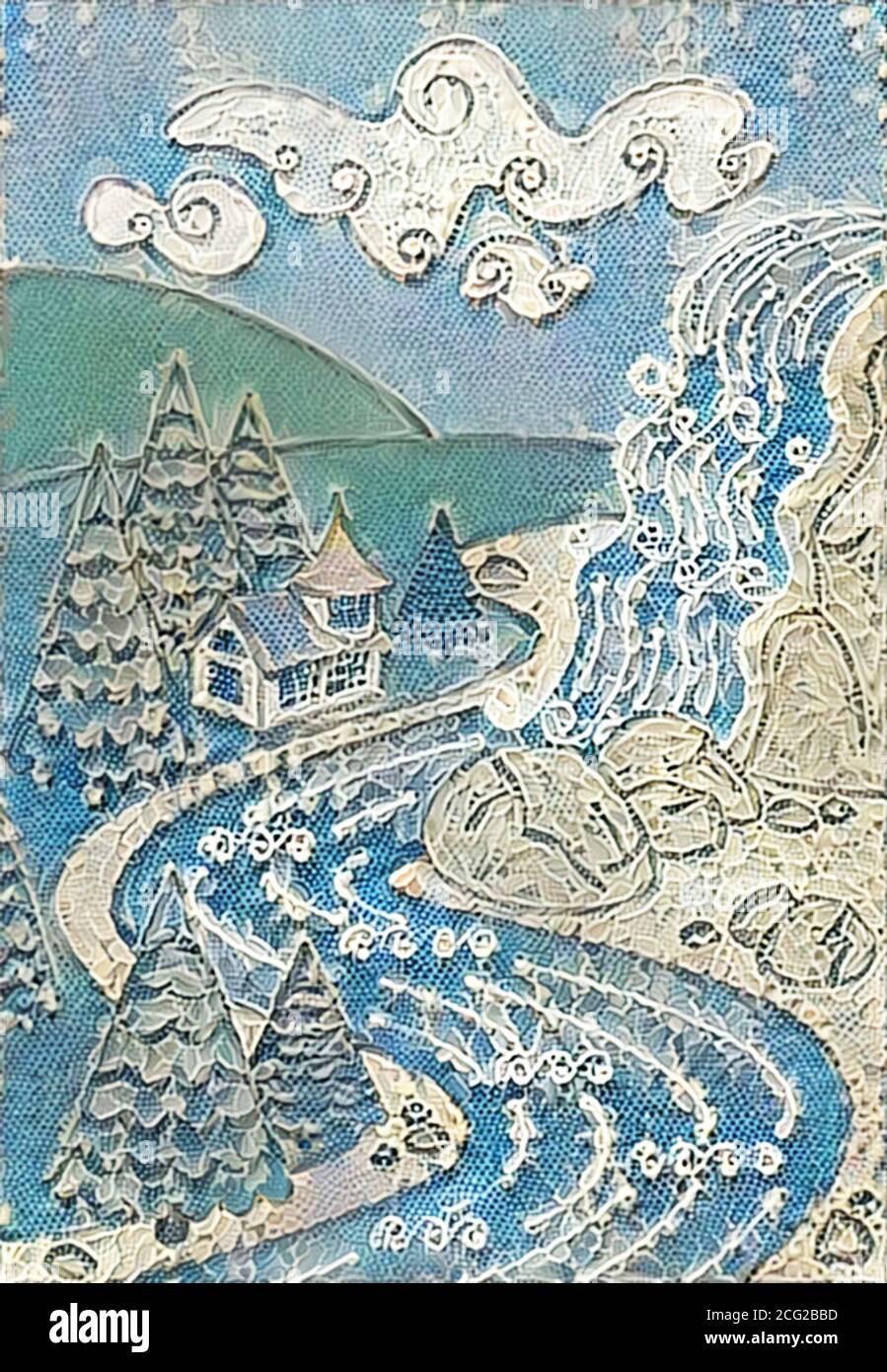 Illustration du paysage de la nature - chute d'eau, rivière, montagnes et la belle maison. Art coloré Banque D'Images