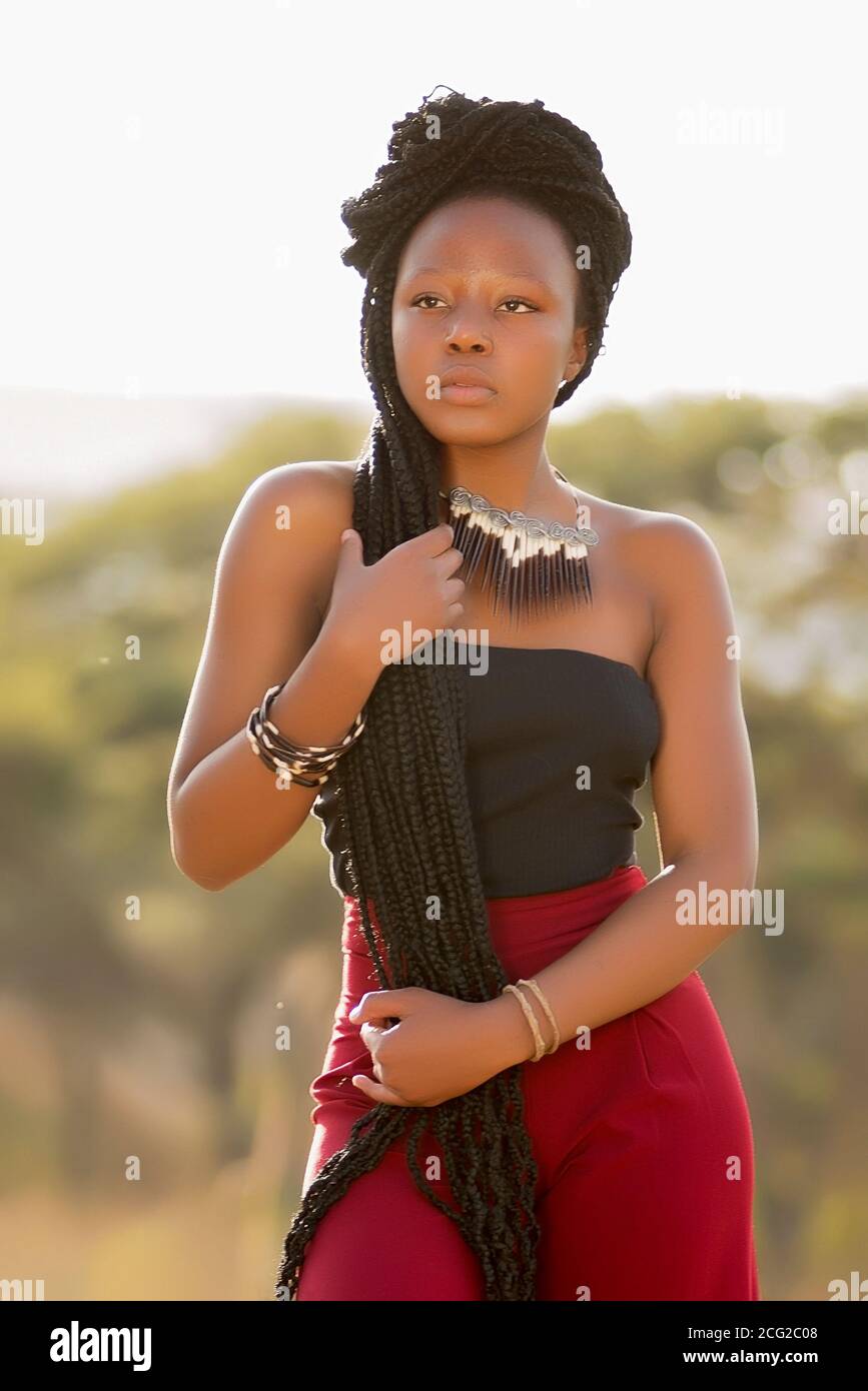modèle réussi de femme noire en safari africain avec des bijoux africains Banque D'Images