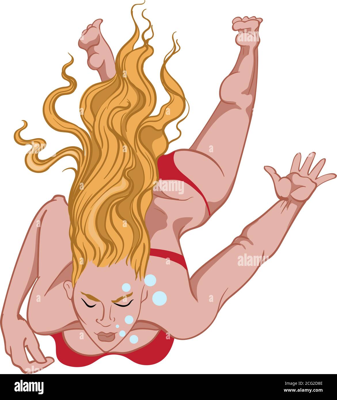 Femme blonde avec une expression faciale sérieuse dans le bikini rouge nageant dans l'eau. Bulles d'air. Vecteur Illustration de Vecteur