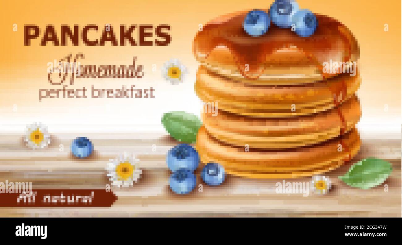 Pile de toutes les crêpes naturelles couvertes de sirop et de bleuets entourés de fleurs et de feuilles de camomille. Parfait petit déjeuner fait maison. Maquette 3D. Réel Illustration de Vecteur