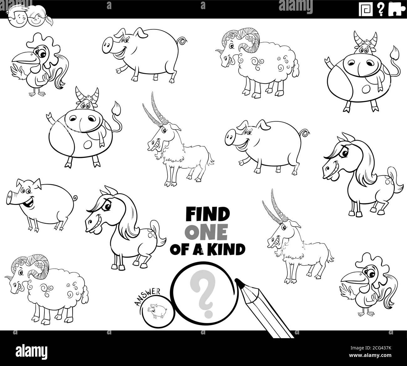 Dessin animé noir et blanc Illustration de trouver un de Genre image jeu éducatif avec la couleur de personnages de ferme comique d'animal Page de livre Illustration de Vecteur