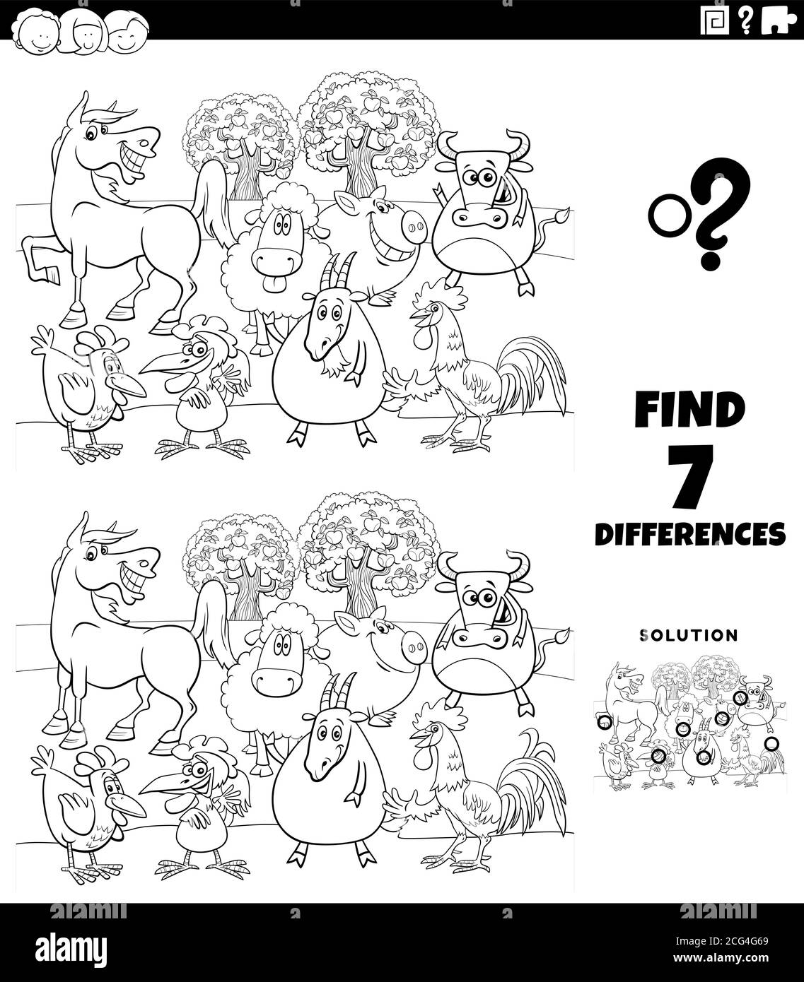 Dessin animé noir et blanc Illustration de la recherche de différences entre les images Jeu éducatif pour les enfants avec la couleur de personnages Comic Farm Animals Illustration de Vecteur