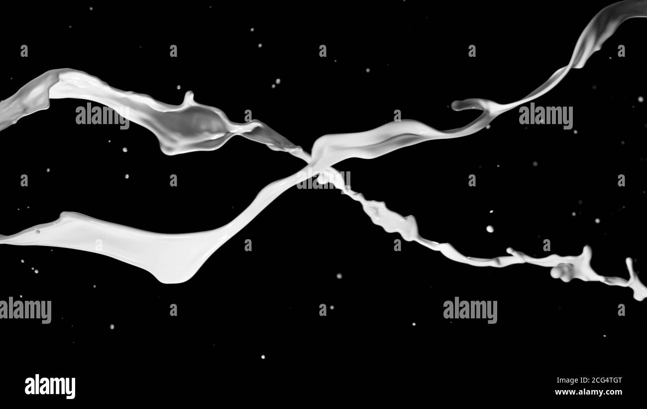 Éclaboussures de lait isolées sur fond noir. Forme abstraite en rotation. Banque D'Images