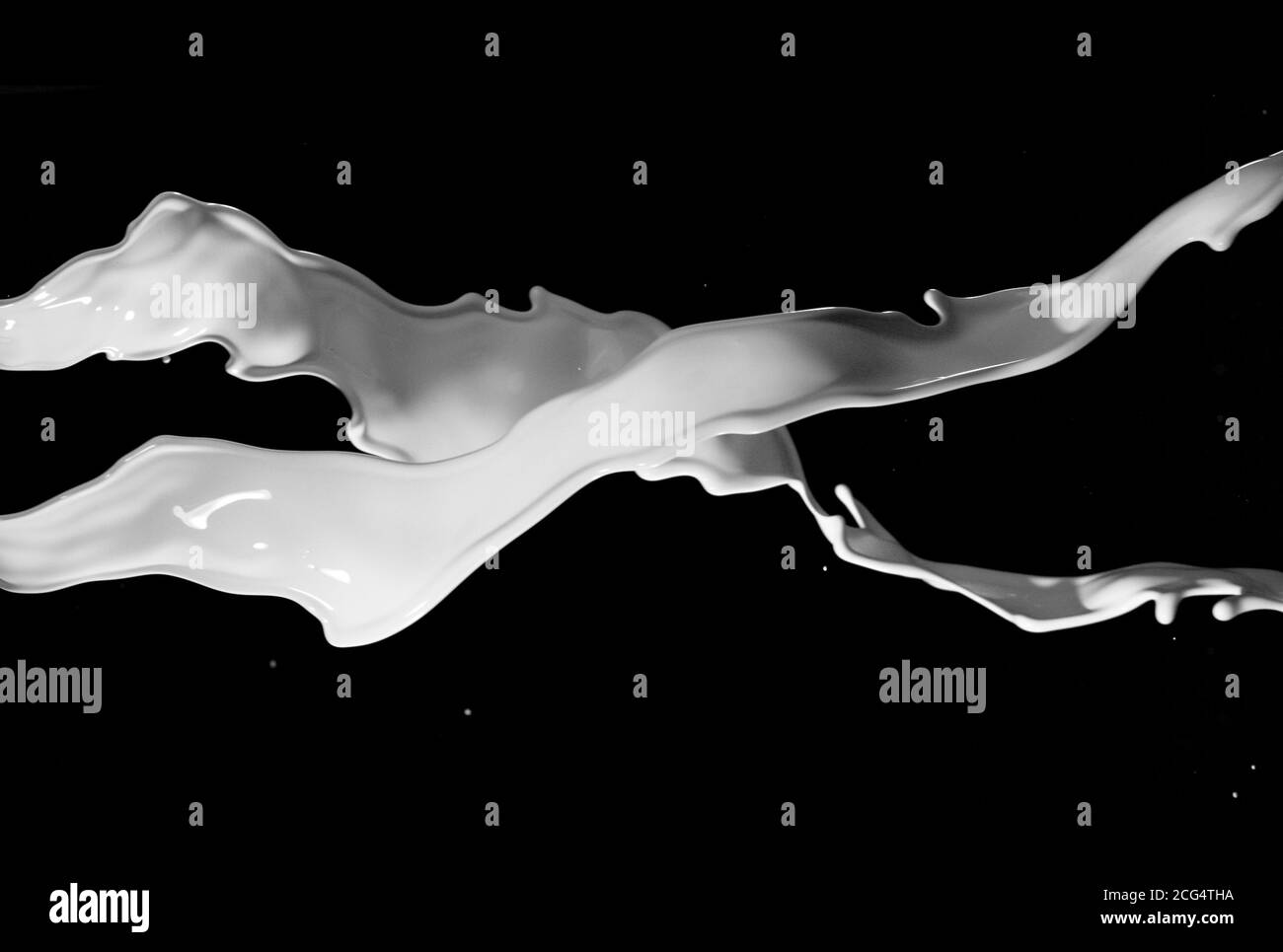 Éclaboussures de lait isolées sur fond noir. Forme abstraite en rotation. Banque D'Images
