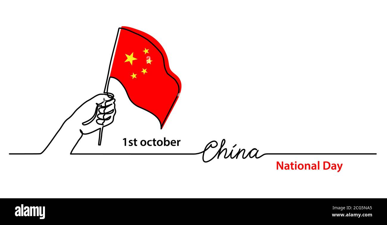 Arrière-plan de la Journée nationale de la Chine avec le drapeau chinois et la main. Bannière Web vectorielle simple. Un dessin au trait continu avec lettrage de Chine Illustration de Vecteur