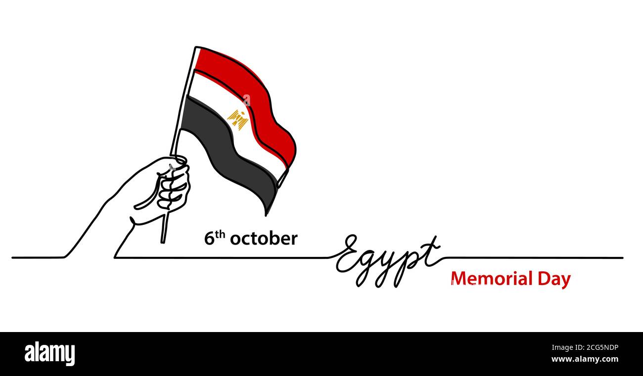 Journée du souvenir de l'Égypte avec drapeau et main égyptiens. Bannière Web vectorielle simple. Un dessin continu de drapeau de ligne avec lettrage Egypte Illustration de Vecteur