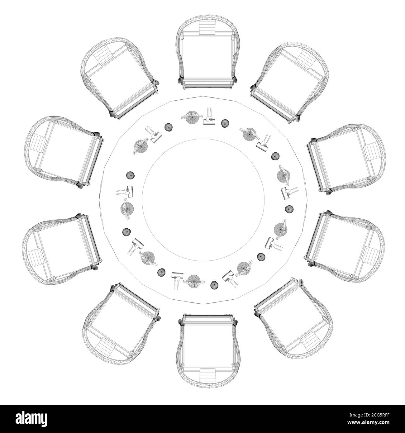 Élément filaire d'une table ronde avec des couverts et dix chaises