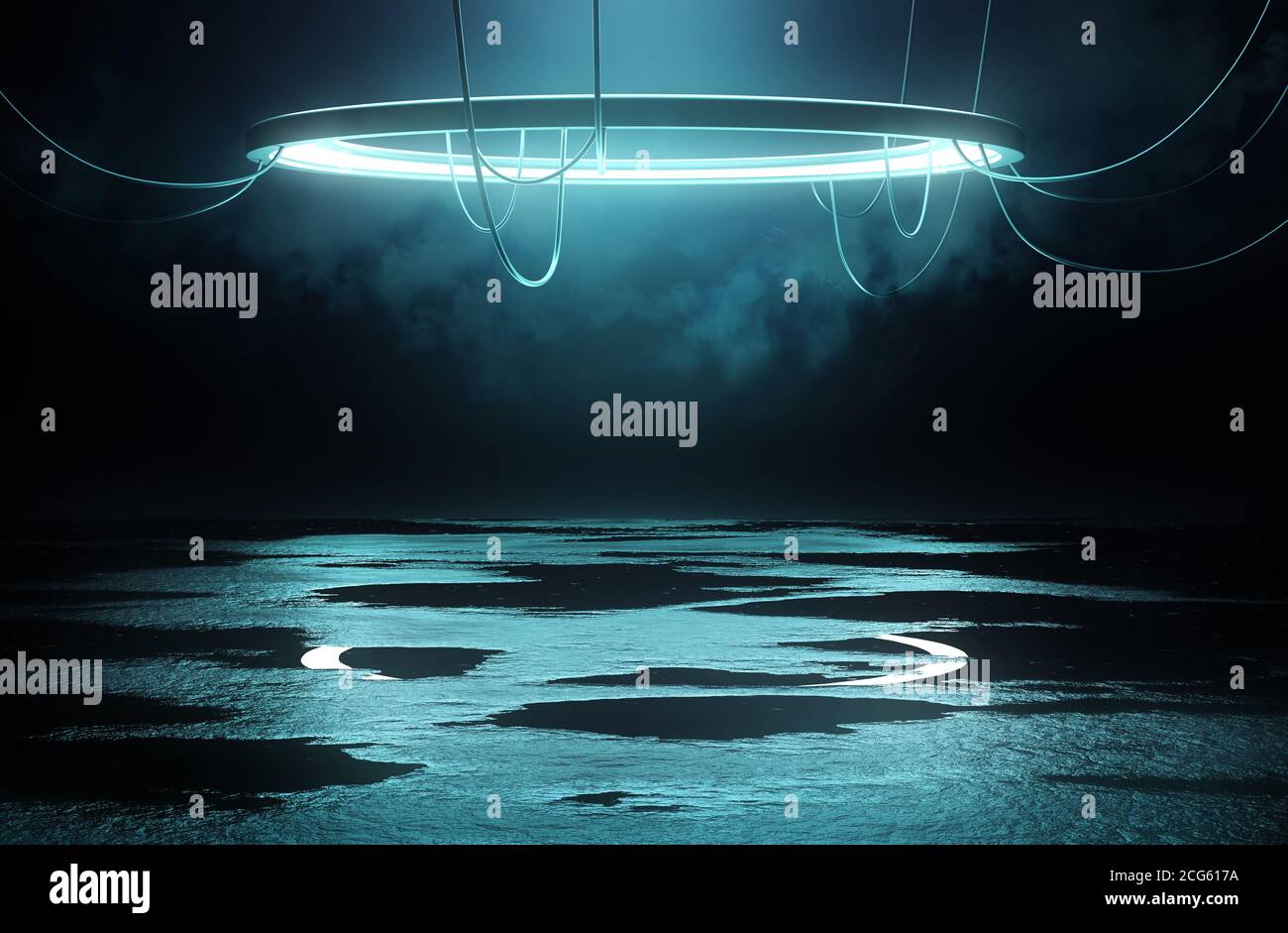 Plate-forme lumineuse et concept d'éclairage avec boucle circulaire et revêtement de sol réfléchissant avec flaques mouillées. Illustration 3D. Banque D'Images