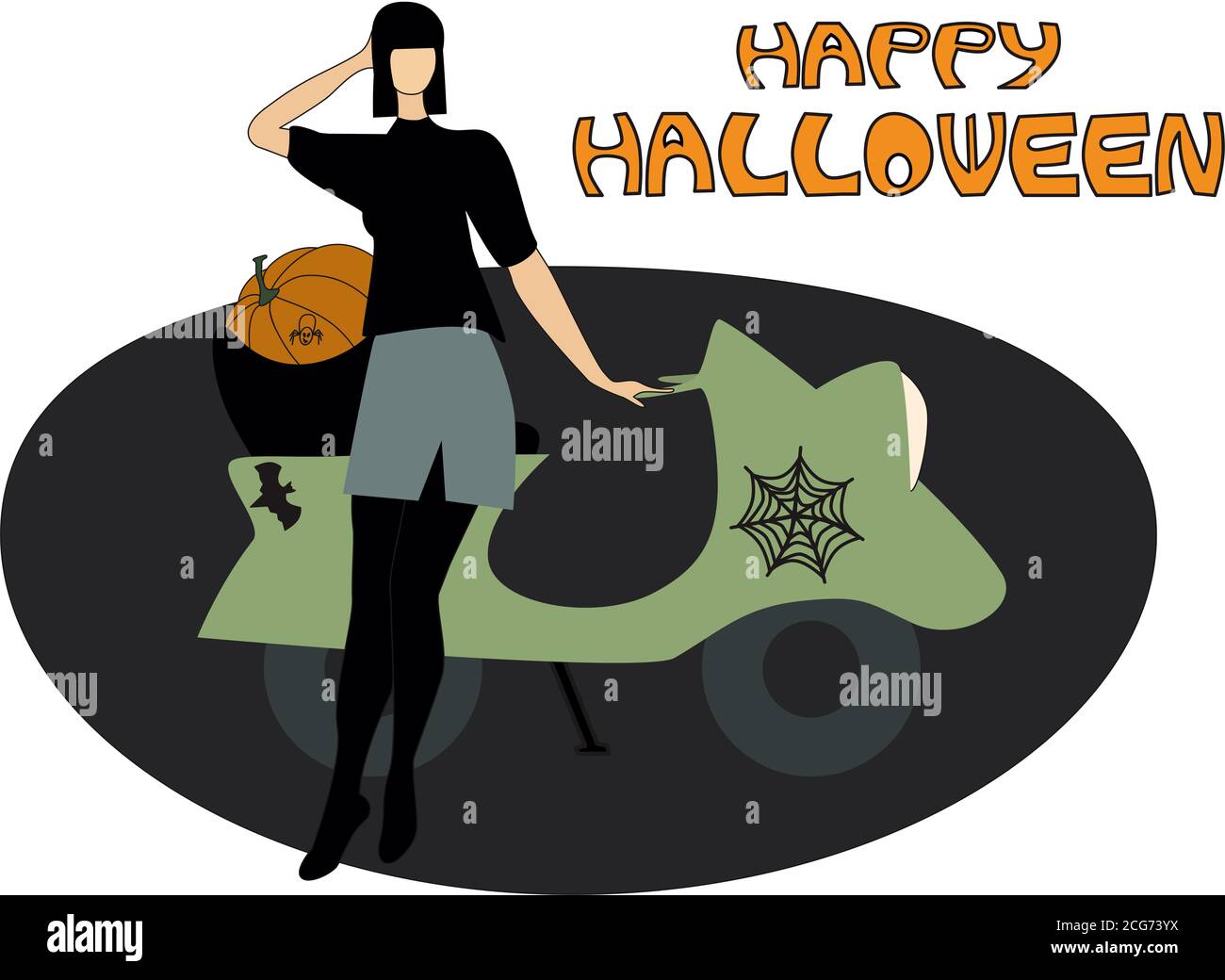 Illustration horizontale Happy Halloween vector. Fille, scooter et citrouille. Copier l'épice. Banque D'Images