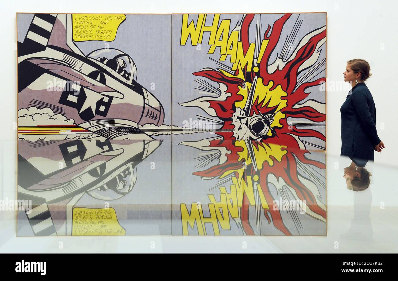 La peinture de Roy Lichtenstein Whaam! 1963 est exposé lors de l'aperçu de la presse pour Lichtenstein:A Retrospective à Tate Modern, Londres. Banque D'Images