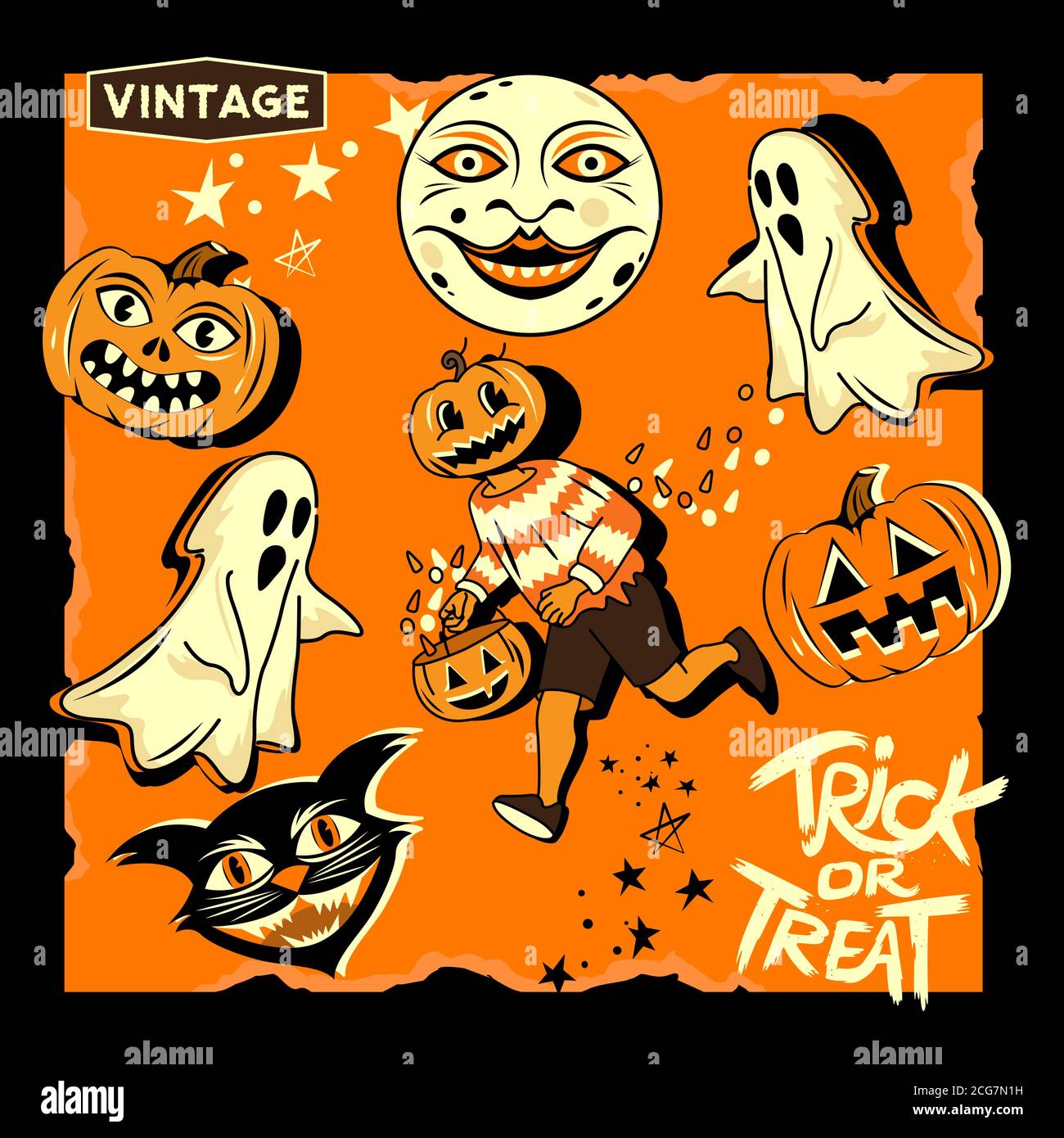 Une collection vintage de personnages et de décorations d'halloween. Illustration vectorielle. Illustration de Vecteur