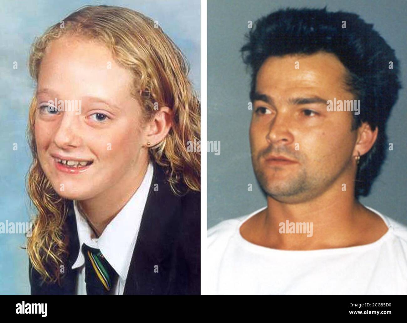 Les déclarants de la bibliothèque de Stuart Campbell, 45 ans, (à droite) de Grays, Essex, qui a été reconnu coupable du meurtre de sa glace, Danielle Jones, 15 ans, (à gauche) à la suite d'un procès devant la Cour de justice de Chelmsford. * son corps n'a jamais été trouvé et Campbell a nié le meurtre. Les détectives étudient un rapport dans le Sun lundi 7 juillet 2003, alléguant qu'il a avoué le crime à la prison de Chelmsford. Banque D'Images