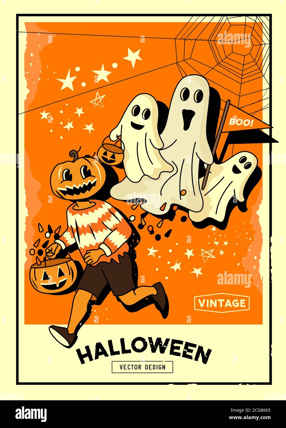 Arrière-plan de la mise en page de l'événement d'halloween vintage effrayant avec des personnages et des fantômes de trick ou de traite. Illustration d'arrière-plan vectoriel. Illustration de Vecteur