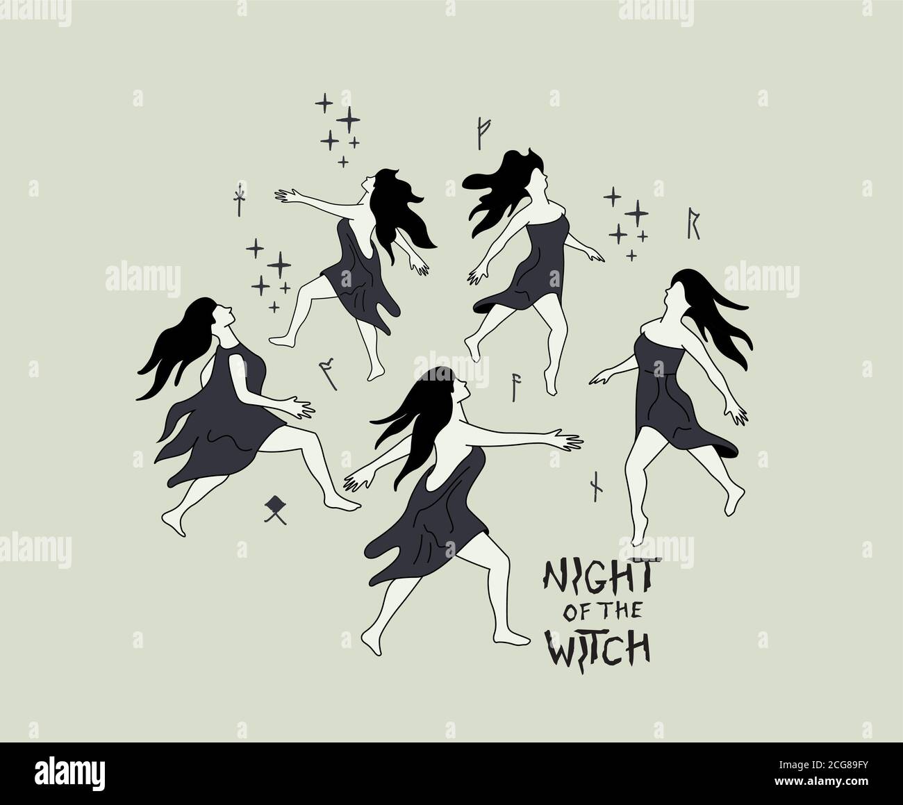 Un groupe de sorcières dansantes dansent en cercle la nuit. Illustration vectorielle de charmes et sorts de sorcellerie, Illustration de Vecteur