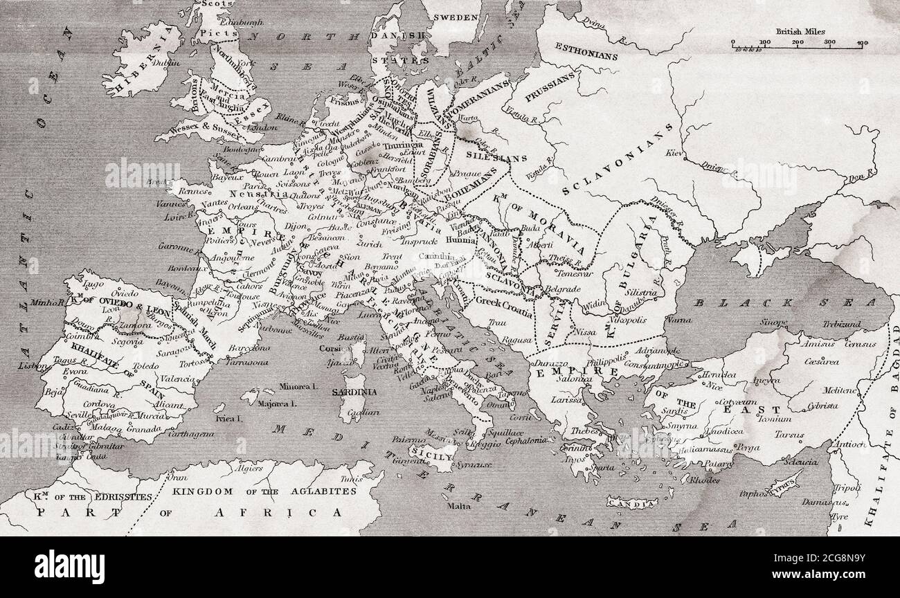 Carte de l'Europe sous l'empire de Charlemagne. De l'Encyclopédie nationale: Un dictionnaire de la connaissance universelle, publié vers 1890 Banque D'Images