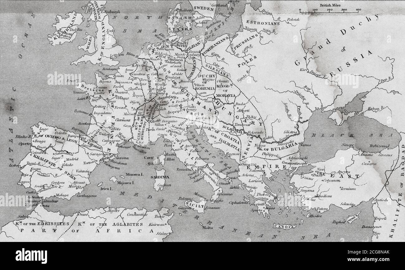 Carte de l'Europe au démembrement de l'Empire carolingien. De l'Encyclopédie nationale: Un dictionnaire de la connaissance universelle, publié vers 1890 Banque D'Images