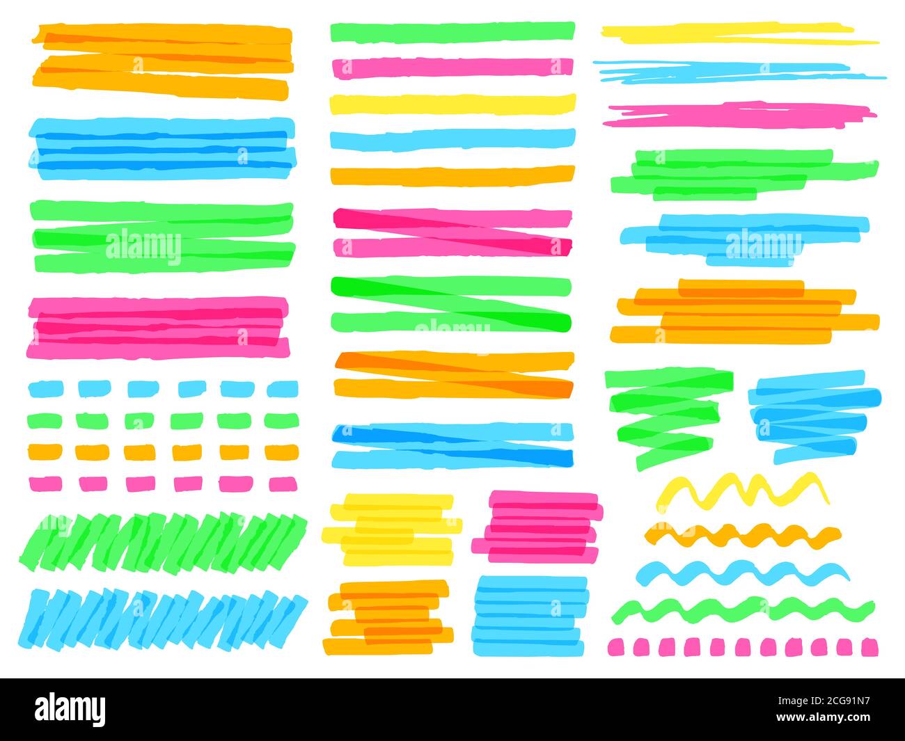 Mettre en surbrillance les lignes de marqueur. Ensemble d'illustrations vectorielles de l'esquisse du marqueur coloré, de bandes de marqueurs jaunes, de lignes roses et de marqueurs surlignés Illustration de Vecteur