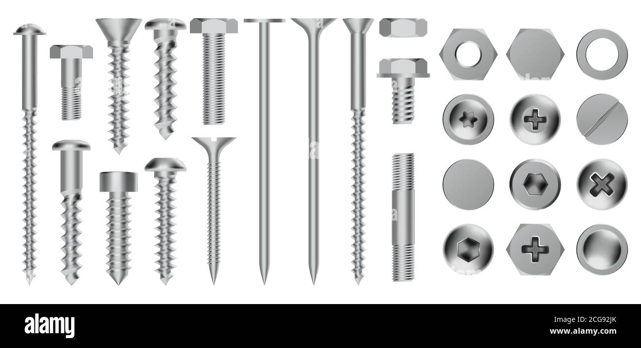 Vis métalliques réalistes. Vis en acier de construction, écrous à tête hexagonale, rivets et boulons, jeu d'icônes vectorielles de fixation en métal pour cloisons sèches Illustration de Vecteur