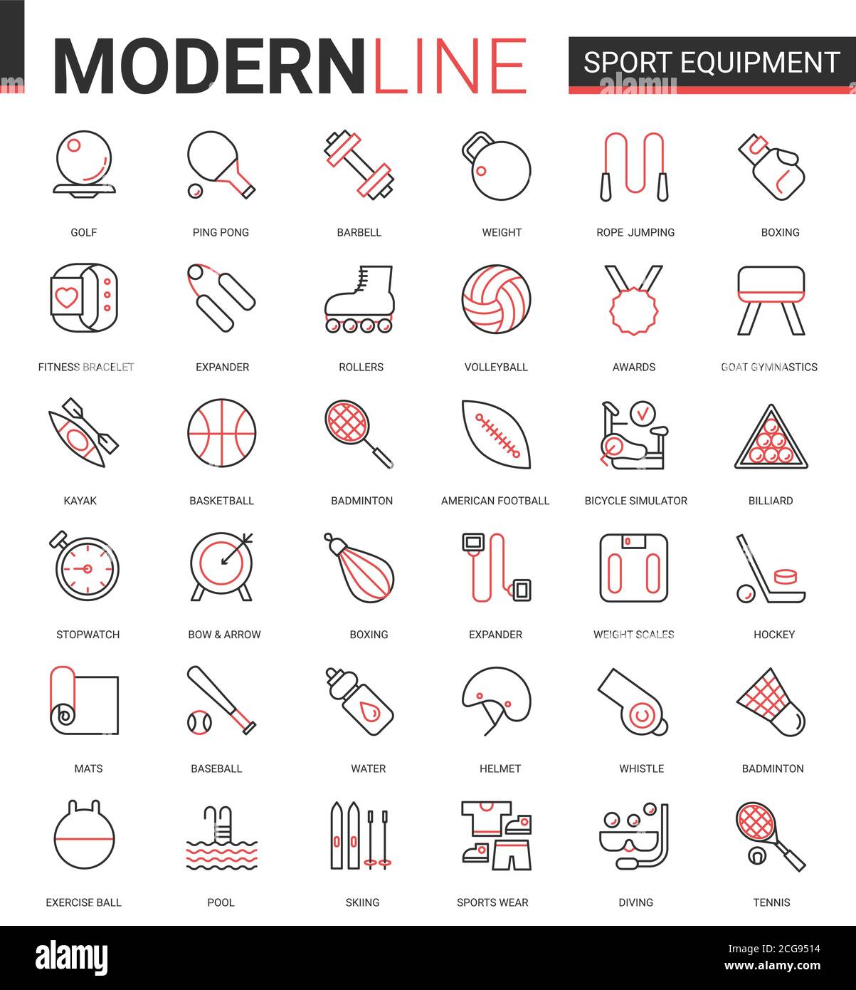 Équipement de fitness fin rouge ligne noire icône vecteur jeu d'illustrations. Équipement de sport linéaire pour les symboles sportifs avec vêtements de sport, article de gym d'exercice, collection de matchs de tennis de badminton de football Illustration de Vecteur