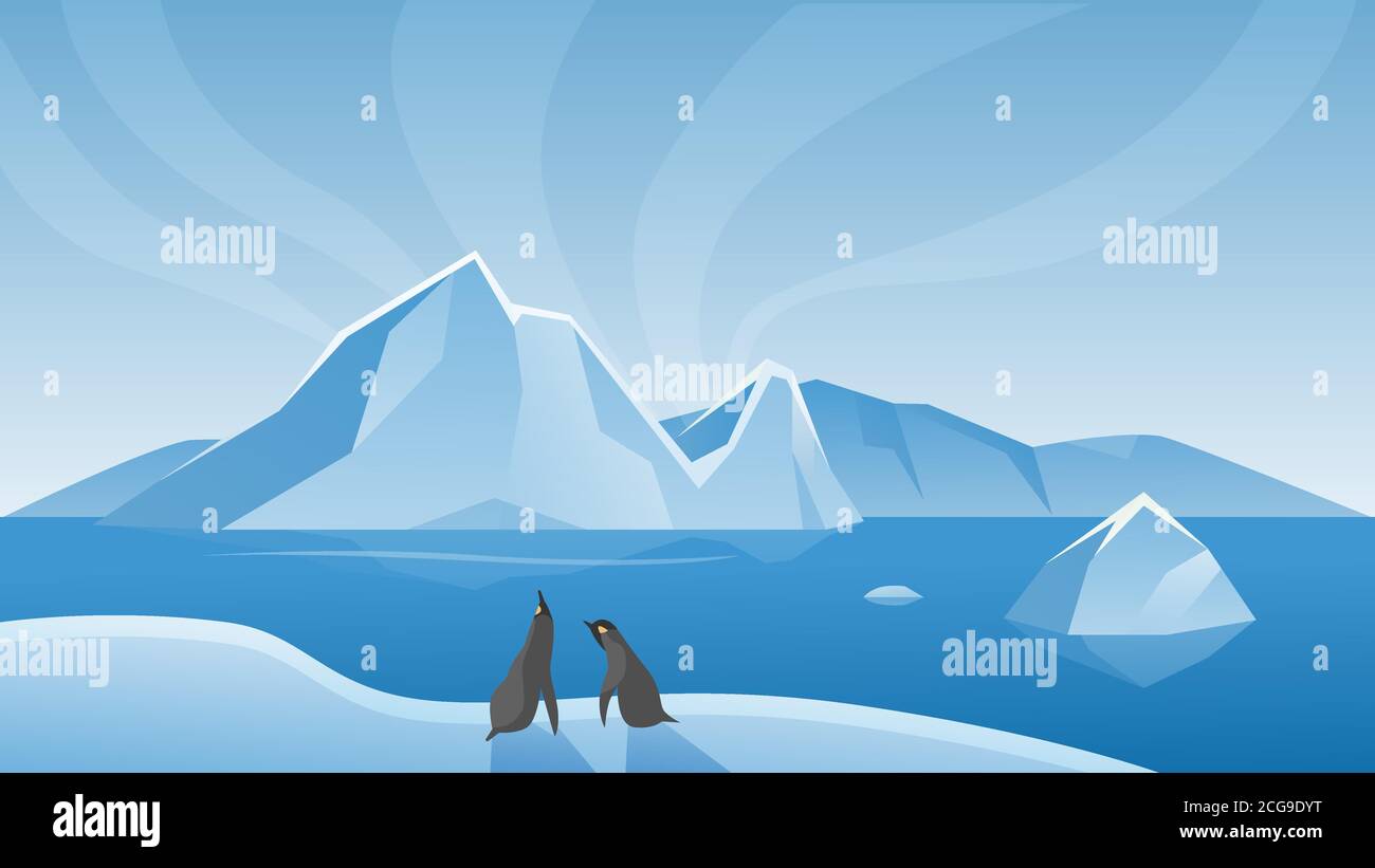 Illustration du paysage arctique de l'Antarctique. Scène naturelle de la vie marine avec iceberg, glacier et pingouins debout à côté de la mer bleue ou de l'eau de l'océan, paysage pittoresque du nord de la nature glacée Illustration de Vecteur