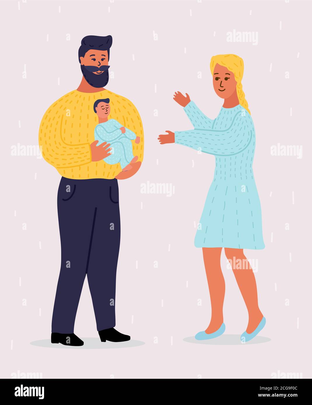 Jeune couple caucasien avec nouveau-né. Le père avec la barbe tient un enfant sur les mains. Maman blonde tient ses mains. Illustration vectorielle de dessin animé isolée Illustration de Vecteur