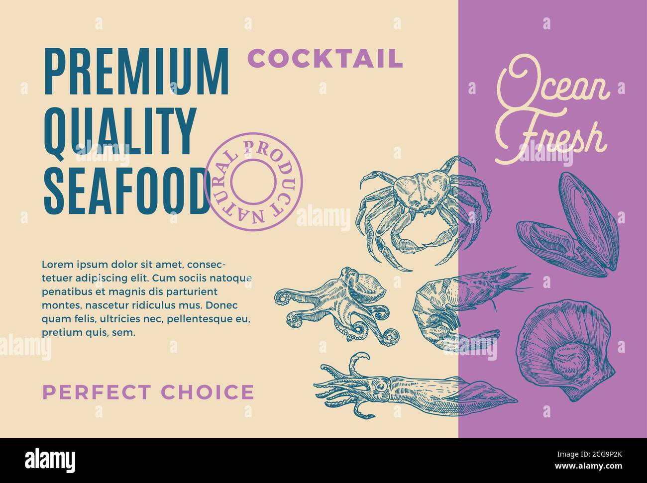 Cocktail de fruits de mer de qualité supérieure. Résumé Vector Packaging Design ou Label. Typographie moderne et crevettes dessinées à la main, crabe, moules et Octopus Illustration de Vecteur