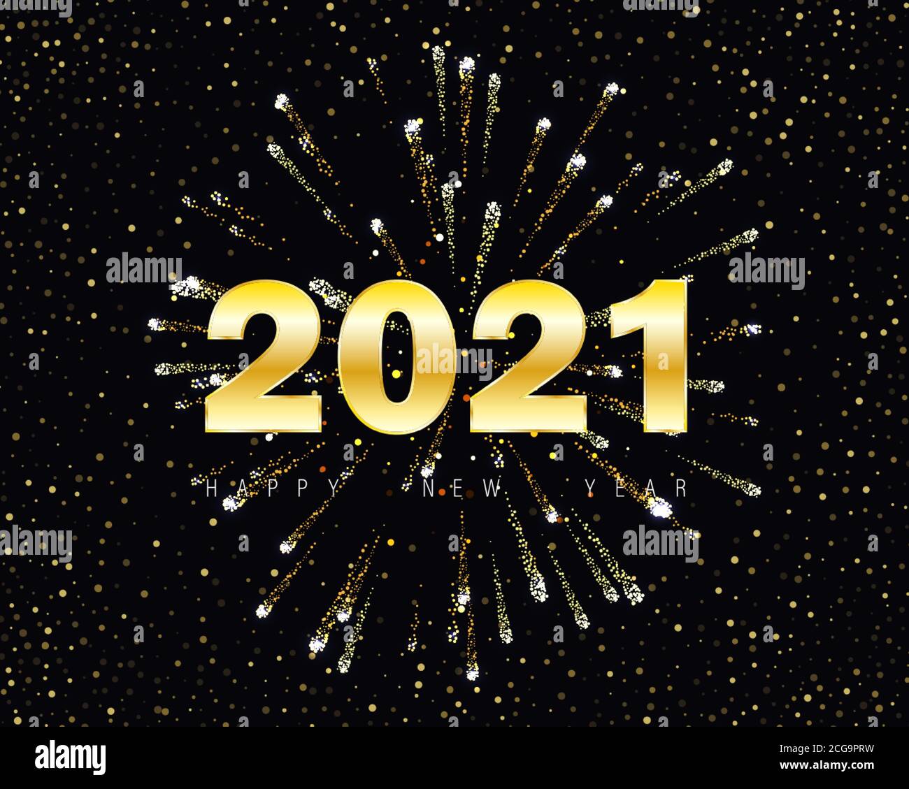 Joyeux Noël et bonne année 2021 carte de vœux avec des numéros d'or, des sparkles et des feux d'artifice. Illustration de Vecteur