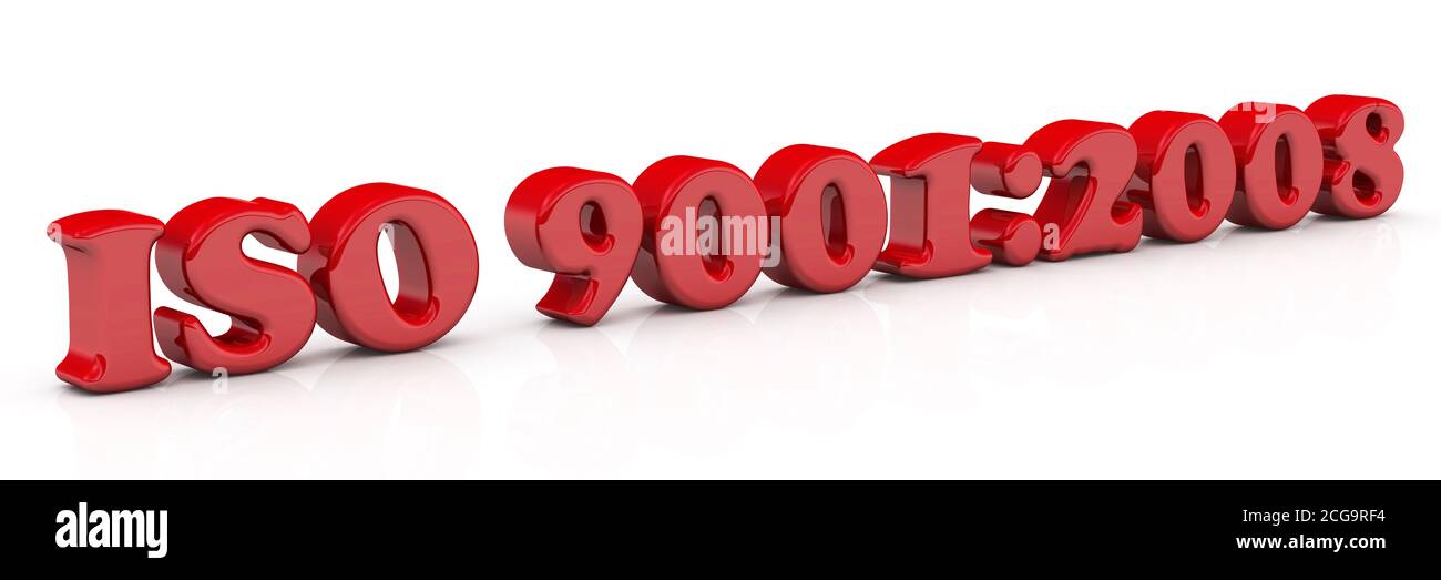 Texte rouge ISO 9001:2008. Inscription rouge ISO 9001:2008 sur une surface blanche. Illustration 3D Banque D'Images