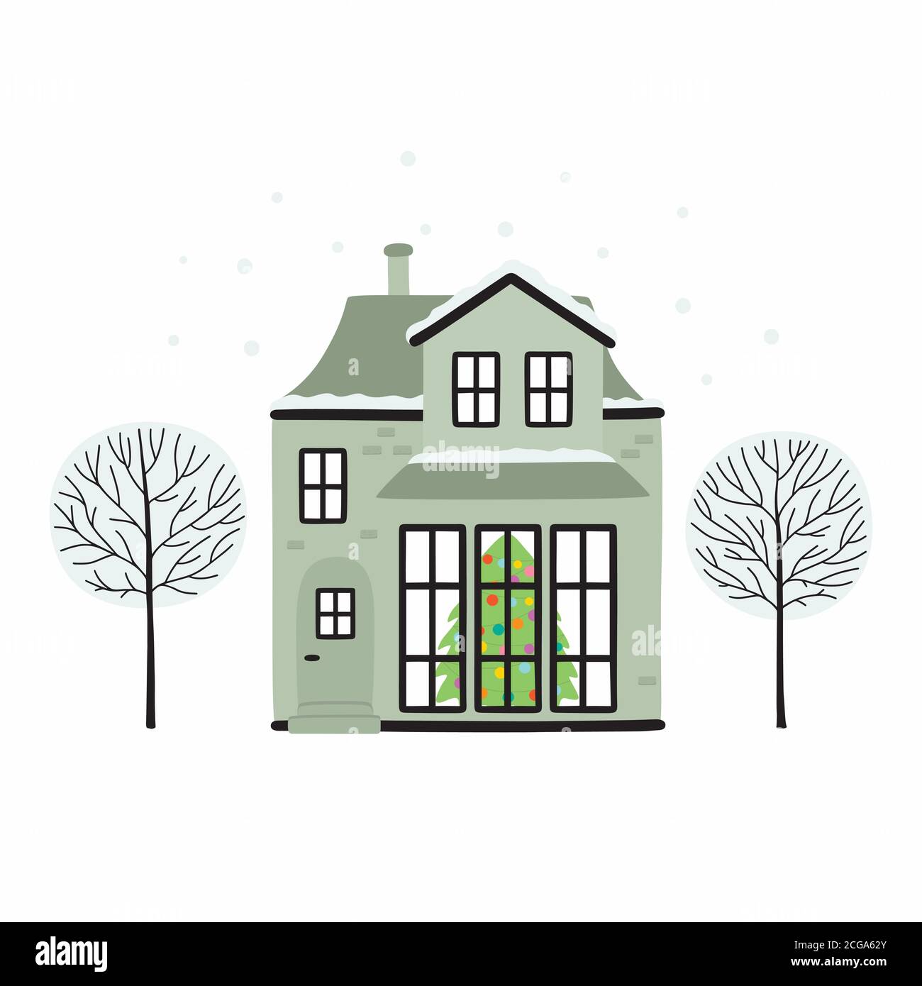 Maison de Noël couverte de neige avec un arbre de Noël à l'intérieur Illustration de Vecteur