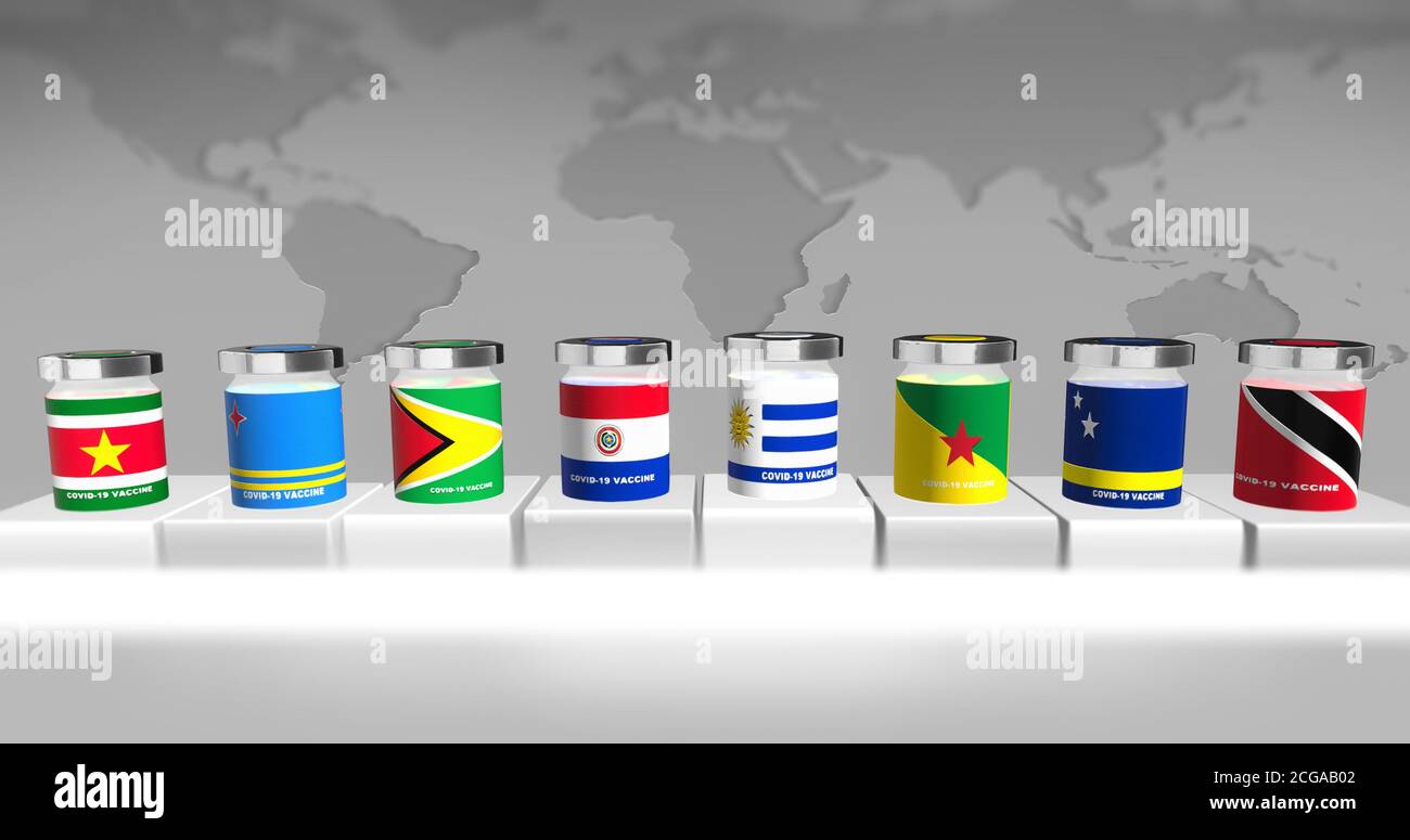 Graphique à barres illustré en 3D avec des pays d'Amérique du Sud-latine en ligne pour le vaccin contre le virus corona. Banque D'Images