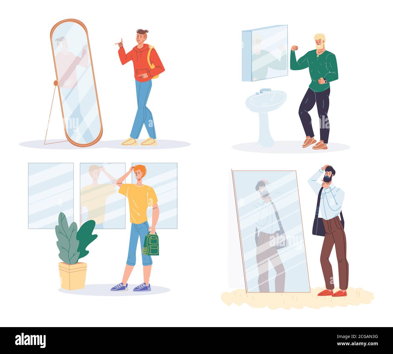 Narcissique homme posant devant le miroir ensemble isolé Illustration de Vecteur