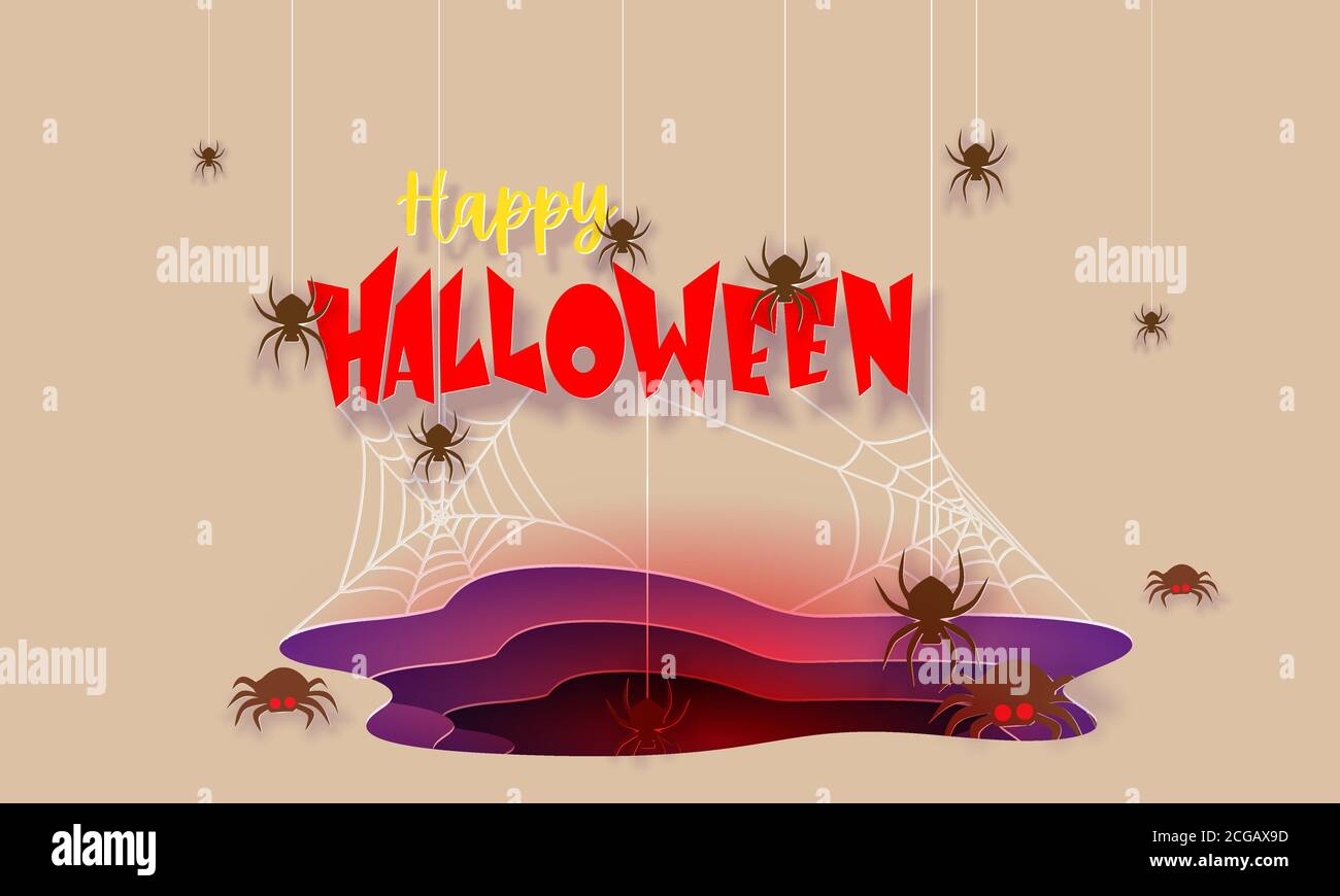 Araignées et toile effrayantes. Bonne bannière Halloween dans un style de coupe de papier tendance. Illustration vectorielle Illustration de Vecteur