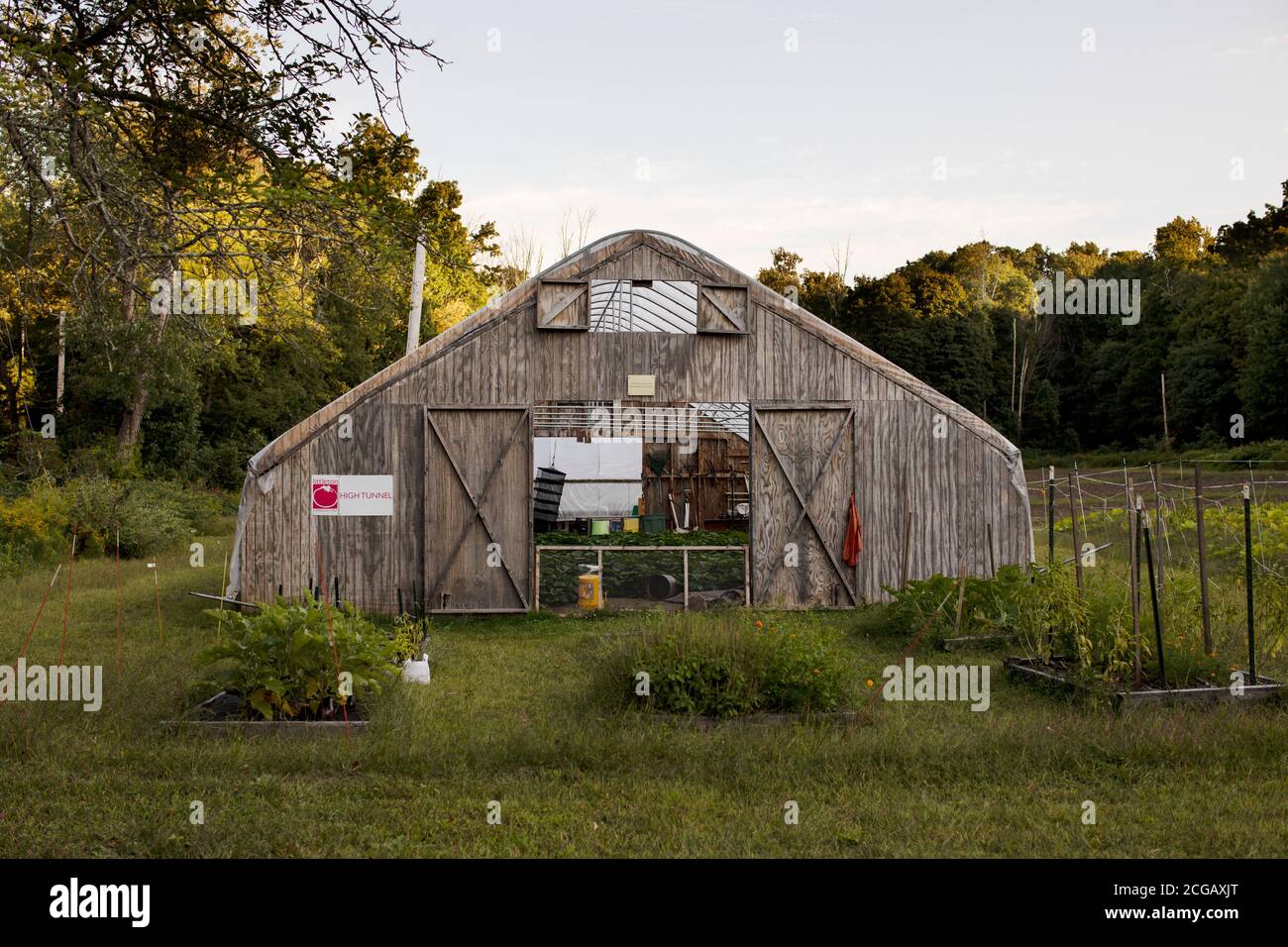 Un bâtiment en serre à la ferme communautaire Littleton à Littleton, Massachusetts, États-Unis. Banque D'Images