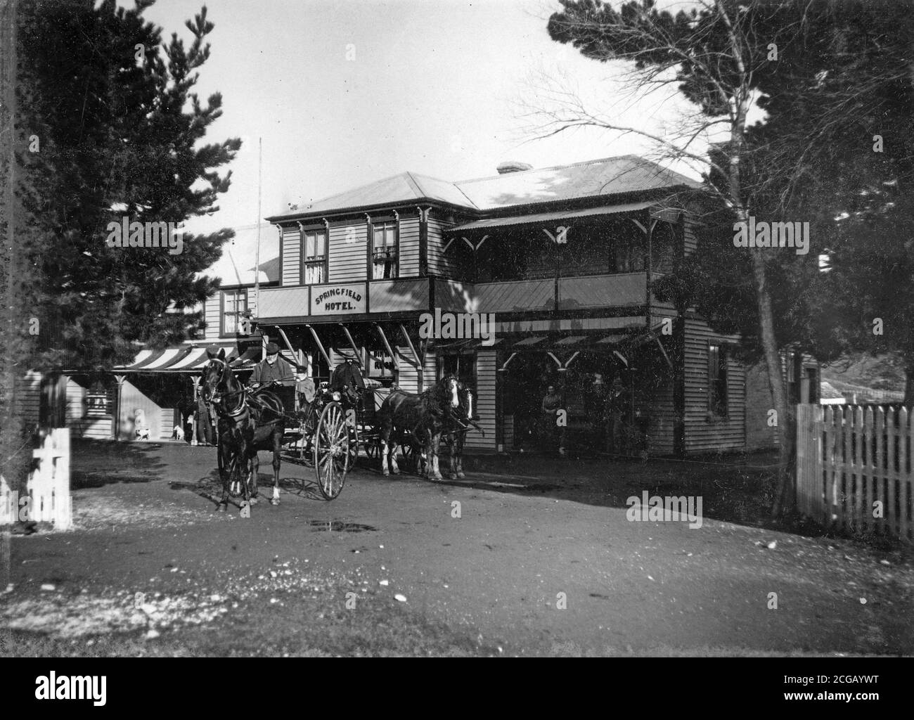Un cheval et une buggy à l'extérieur de l'hôtel Springfield, Canterbury, Nouvelle-Zélande. Image vers 1916, de la collection de la famille Logie. Banque D'Images