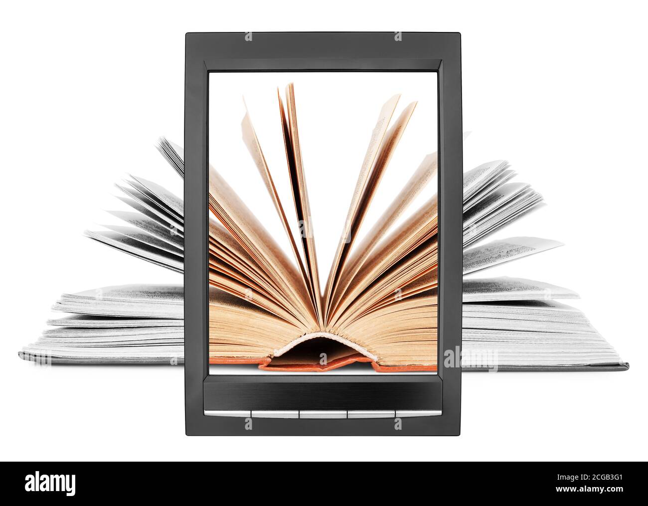 Livre papier ouvert retourner les pages sur l'affichage de livre électronique arrière-plan blanc isolé gros plan, manuel tourner les pages sur l'écran de livre électronique, e-Reader tablette Banque D'Images