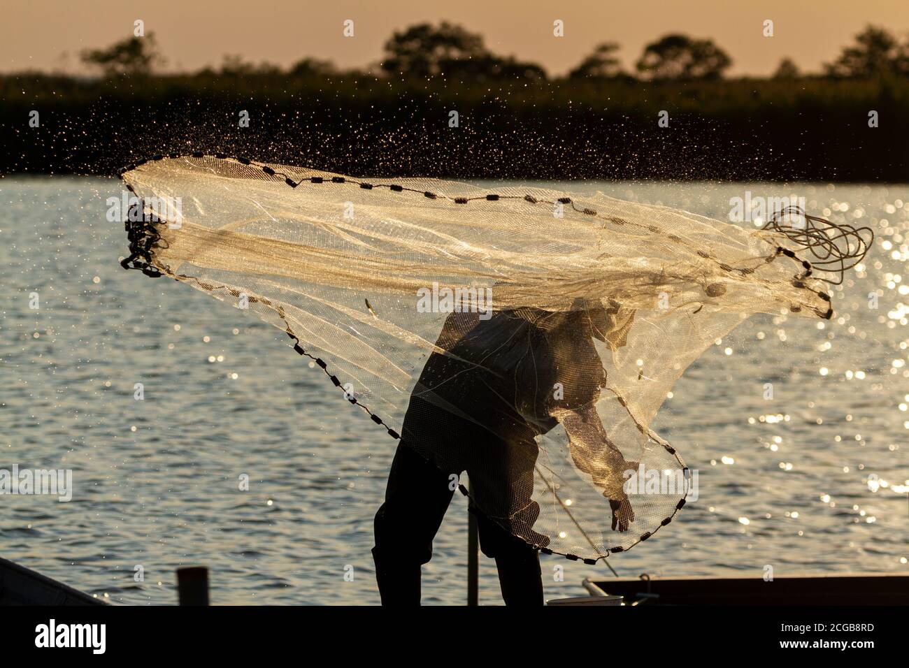 Un pêcheur portant une combinaison et des bottes ainsi qu'un chapeau de seau jette un filet moulé dans la mer depuis une jetée en bois au coucher du soleil. Il est rétroéclairé et voit Banque D'Images