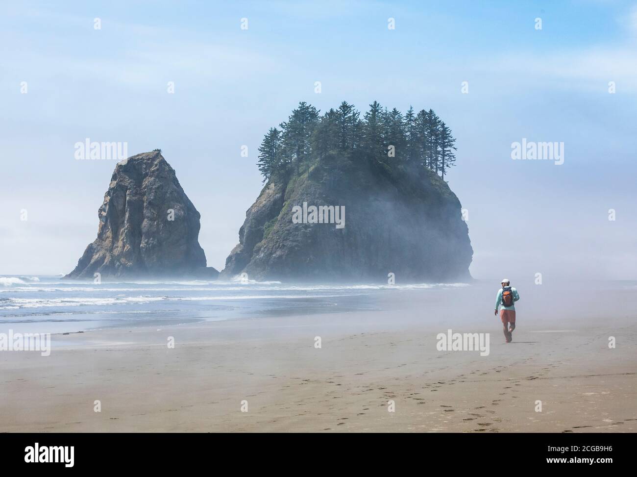 Un homme randonnée le long de 2nd Beach, Parc National Olympique Coastal Preserve, État de Washington, Etats-Unis. Banque D'Images