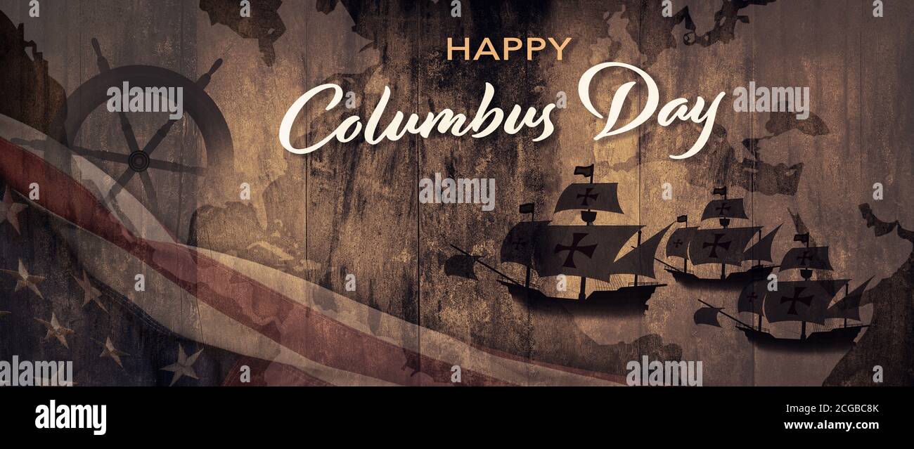 American National Holiday. ARRIÈRE-plan drapeau AMÉRICAIN avec Santa Maria, roue et carte du monde. Texte: Joyeux Columbus Day. Banque D'Images