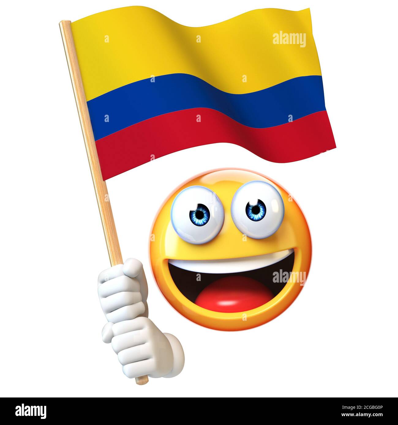 Emoji tenant le drapeau colombien, émoticone agitant le drapeau national de la Colombie rendu 3d Banque D'Images