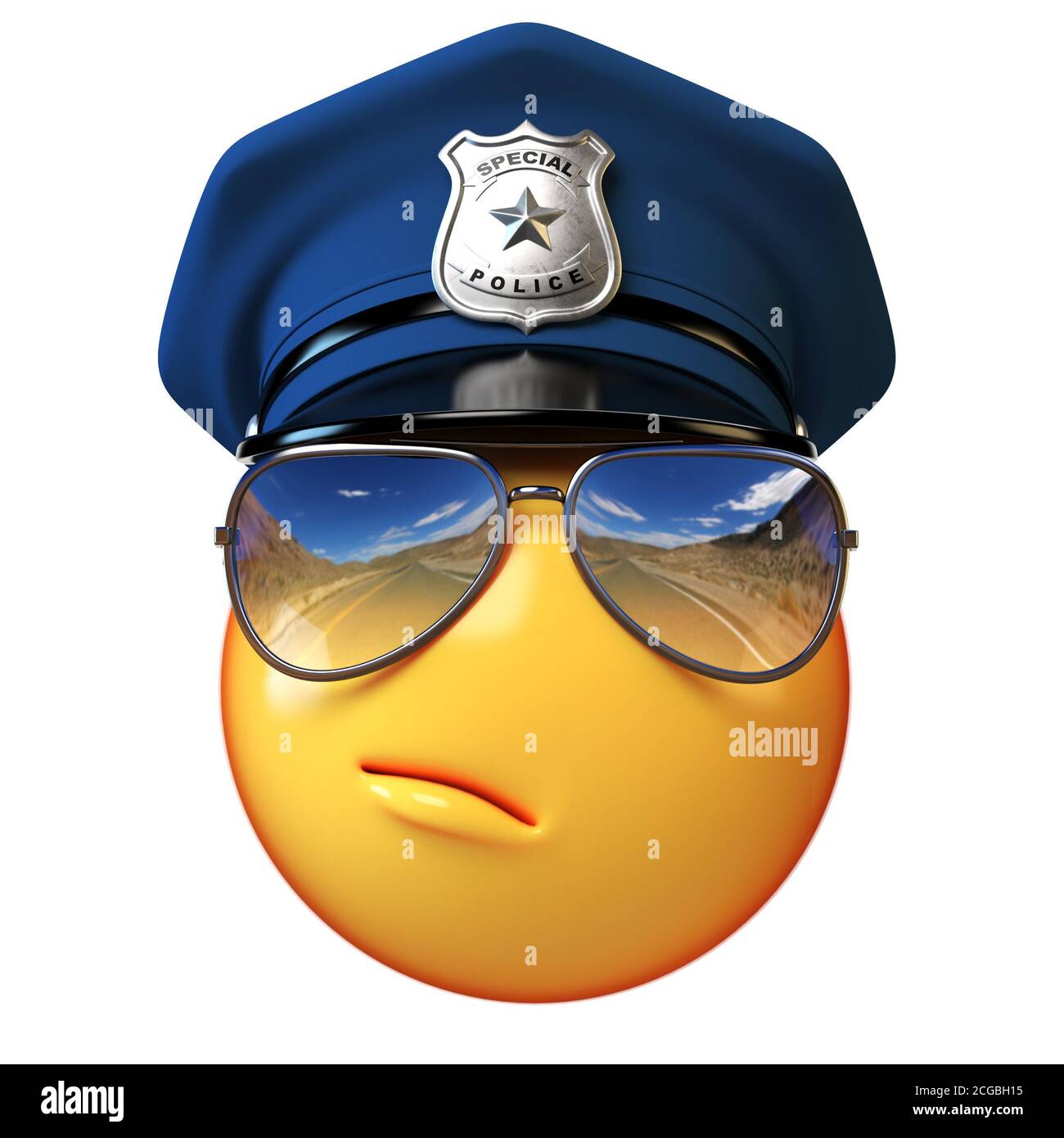 Policeman emoji isolé sur fond blanc, cop avec lunettes de soleil émoticone rendu 3d Banque D'Images