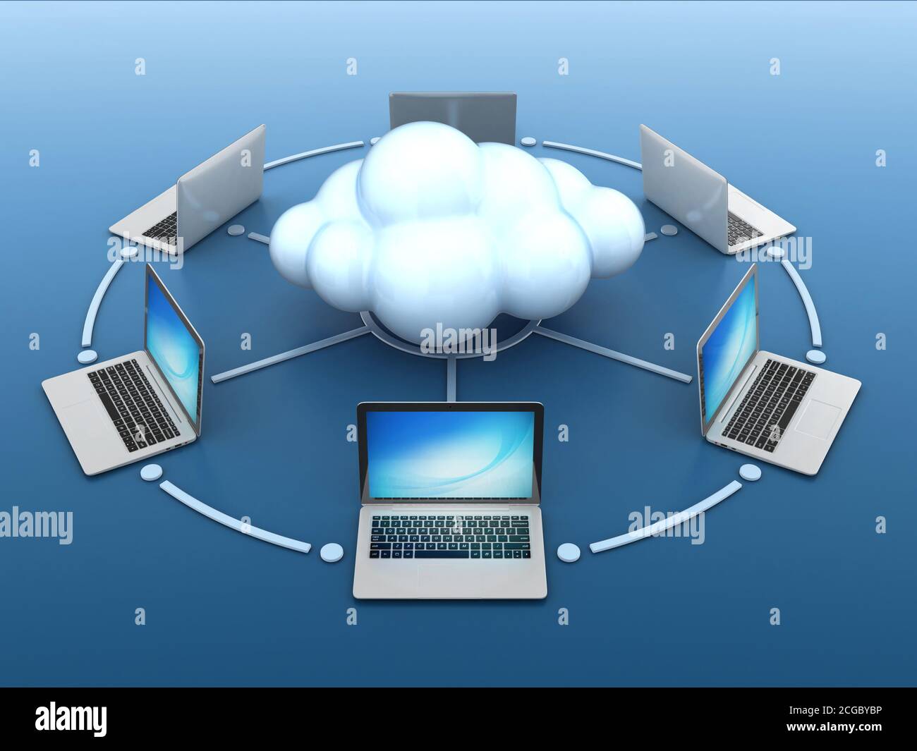 Réseau d'ordinateurs portables connectés au rendu Cloud 3d Banque D'Images