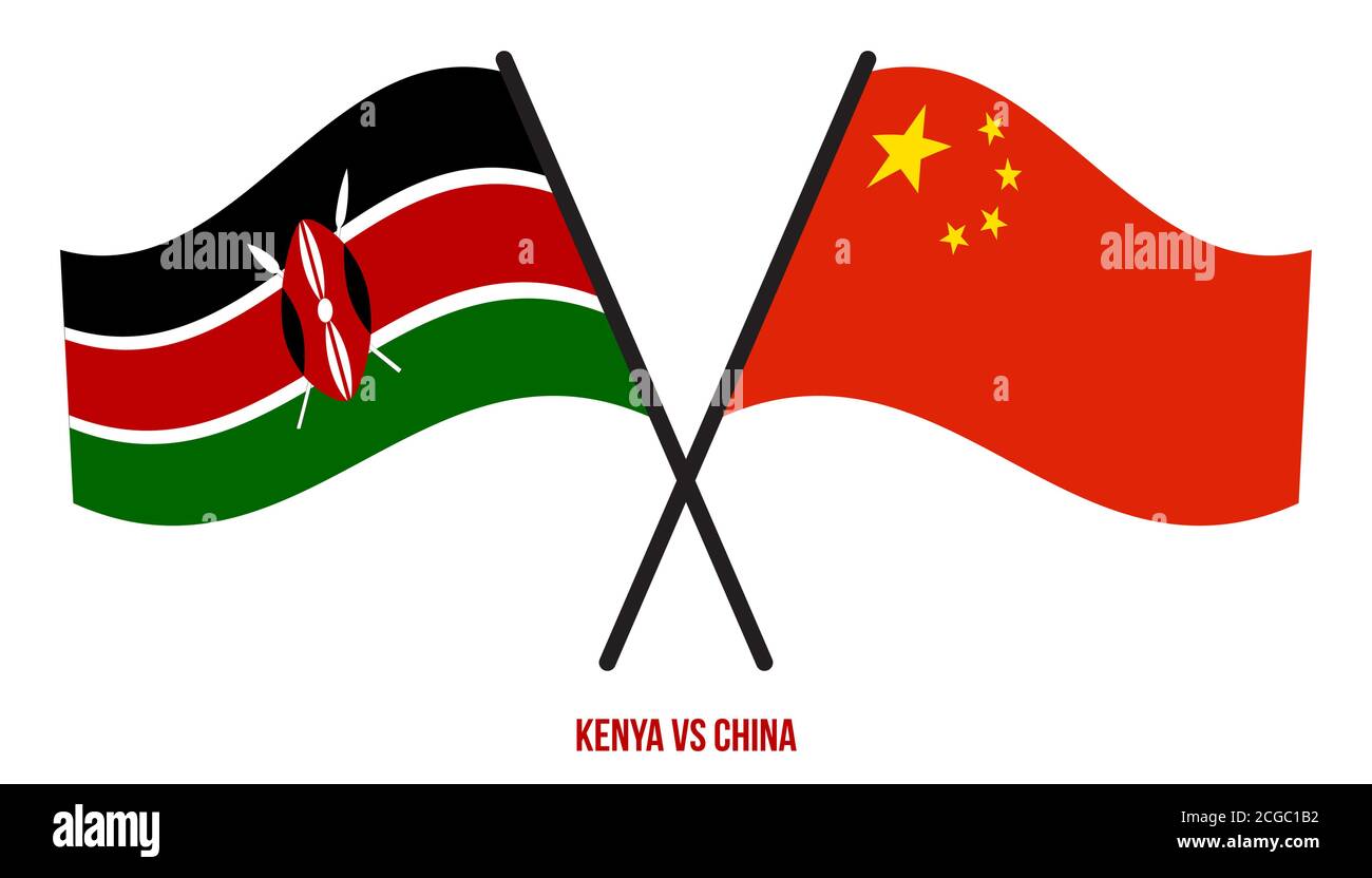 Kenya et Chine les drapeaux ont croisé et agitant le style plat. Proportion officielle. Couleurs correctes. Illustration de Vecteur