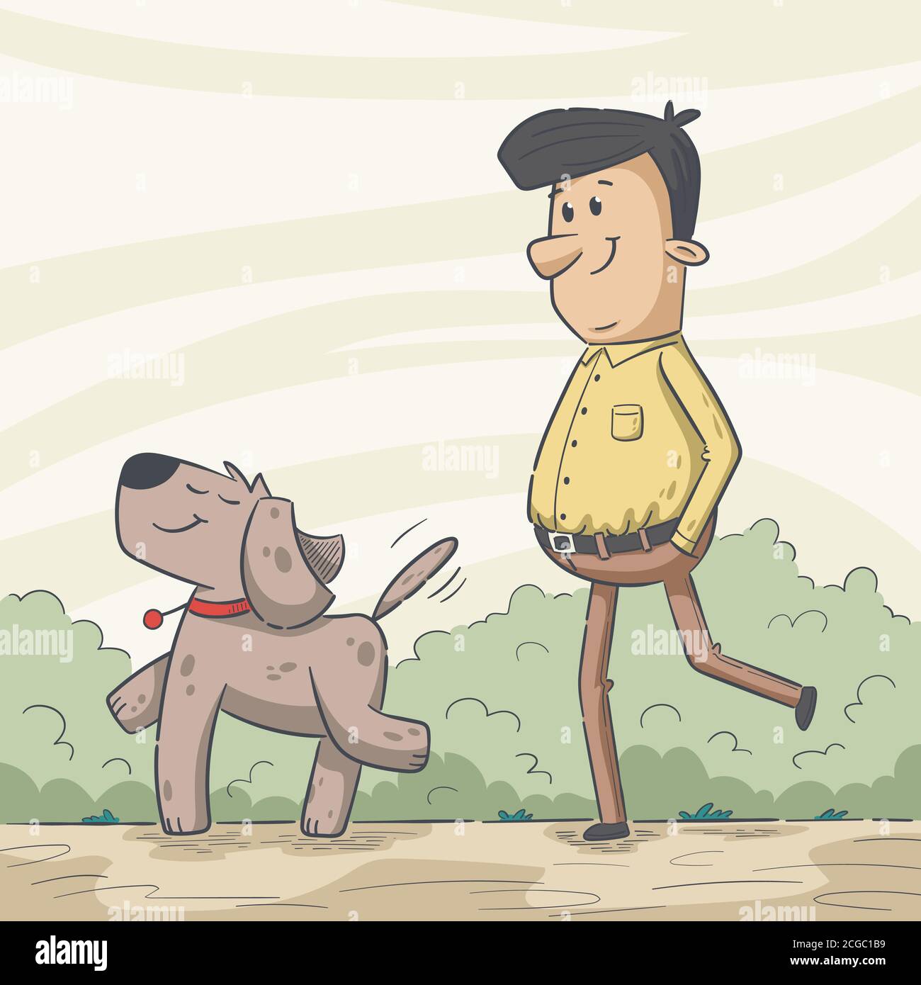 L'homme marche avec son chien. Illustration vectorielle dessinée à la main avec des calques séparés. Illustration de Vecteur