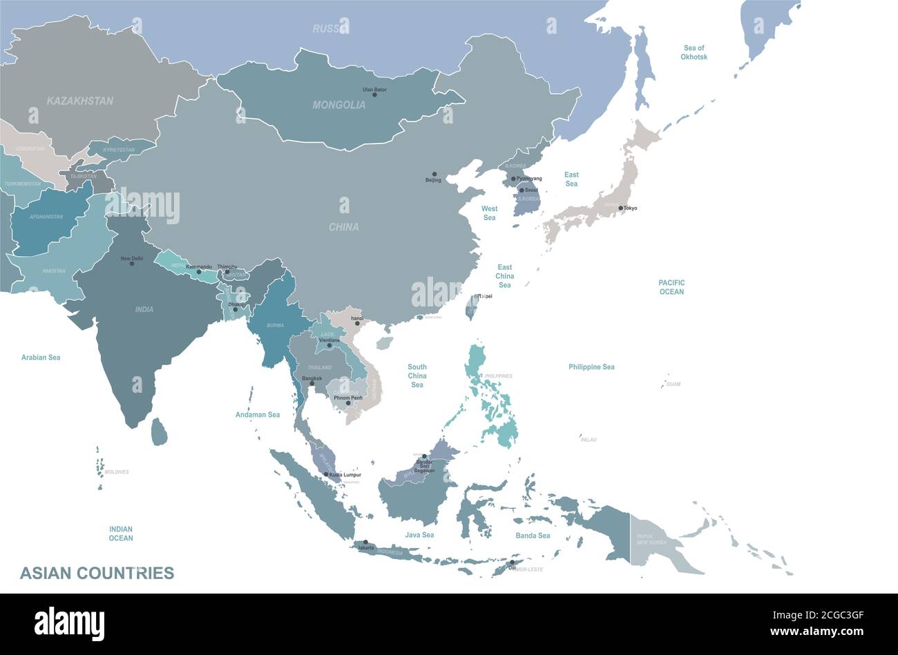 Pays asiatiques nommés carte vectorielle. Illustration de Vecteur