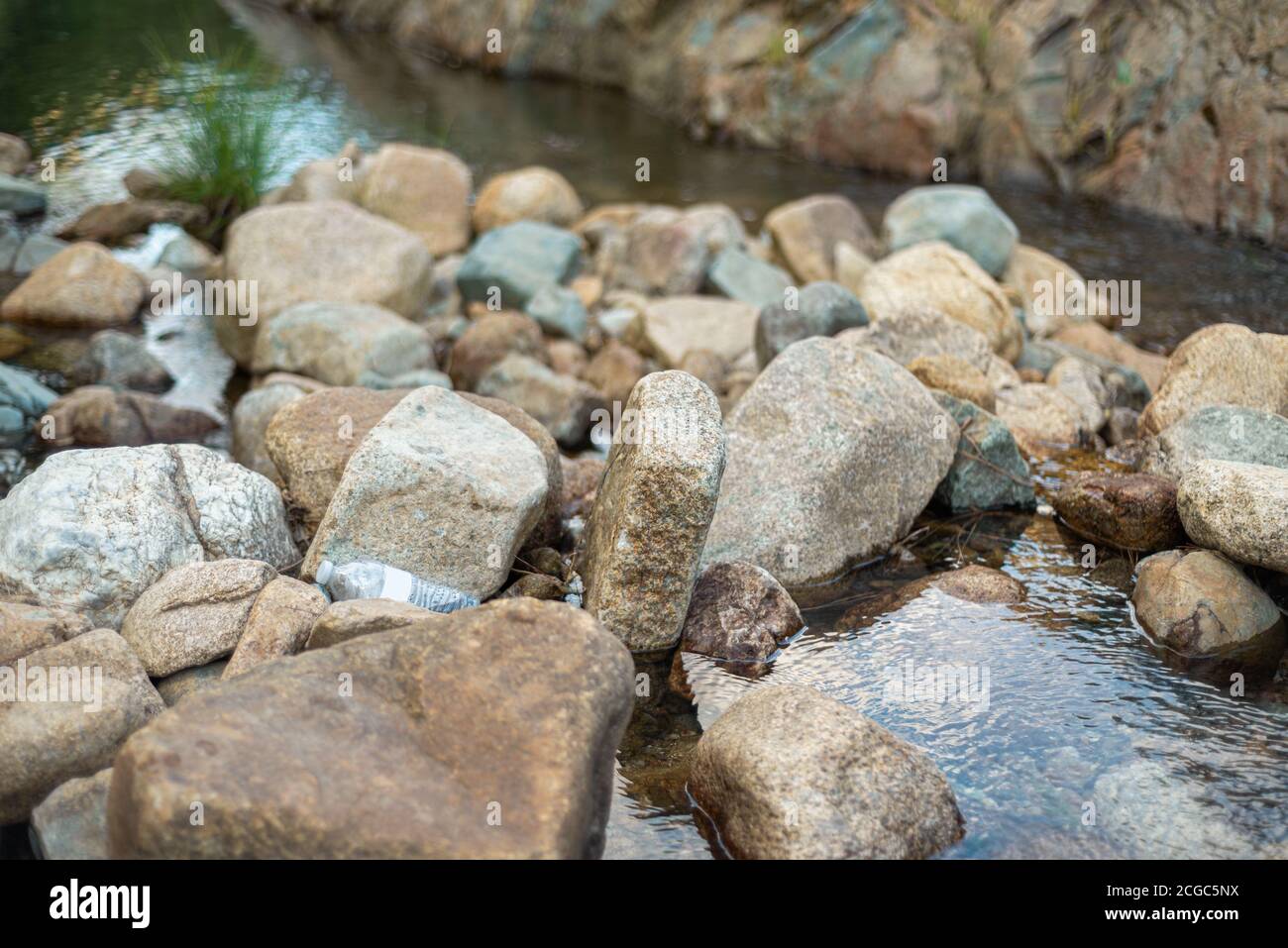 Concept de pollution plastique, bouteille d'eau jonchée par ruisseau de montagne Banque D'Images